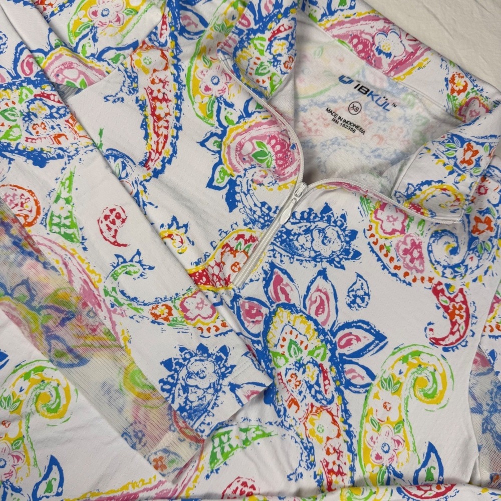 IBKÜL Top Women XS White Paisley Long Sleeve UPF 50 Quarter Zip Athletic EUC